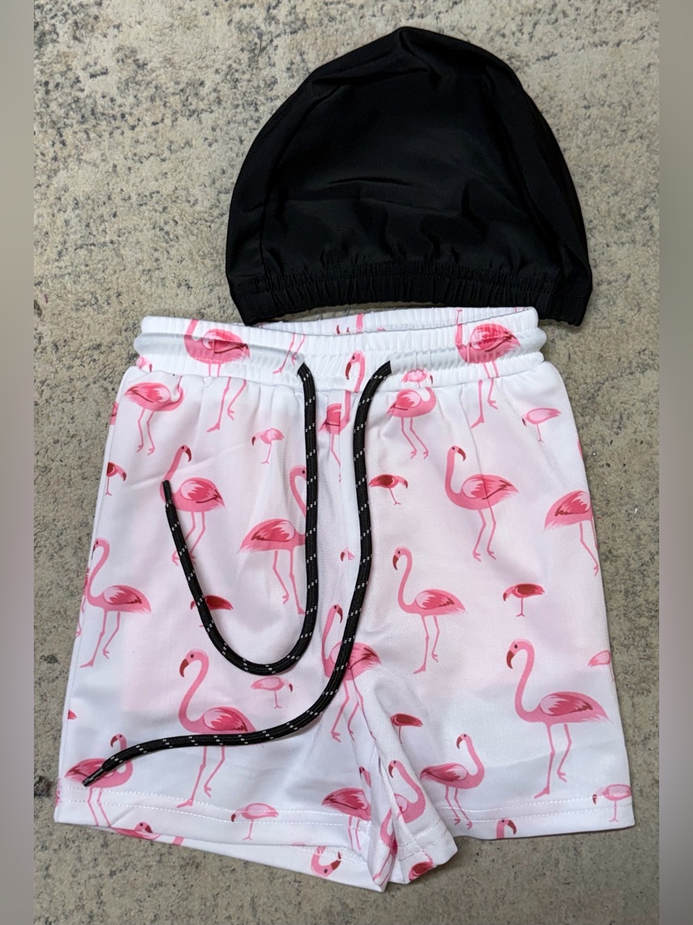 Kids Pink Flamingo Swim Trunks with Material Swim Cap